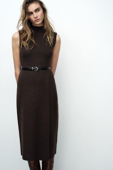 LONG KNIT DRESS WITH BELT - Brown by Zara