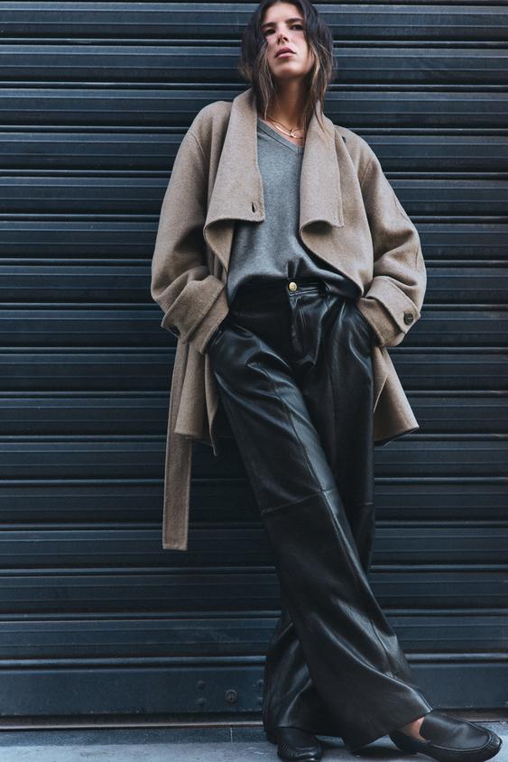 ДВУБОРТНОЕ ПАЛЬТО С ПОЯСОМ И ШЕРСТЬЮ — СЕРО-КОРИЧНЕВЫЙ от Zara — изображение 0