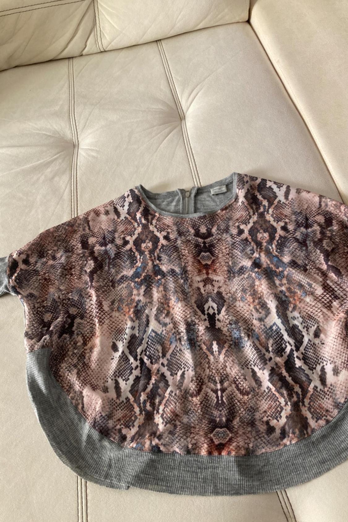 Front view of jumper with snake print and grey trim.