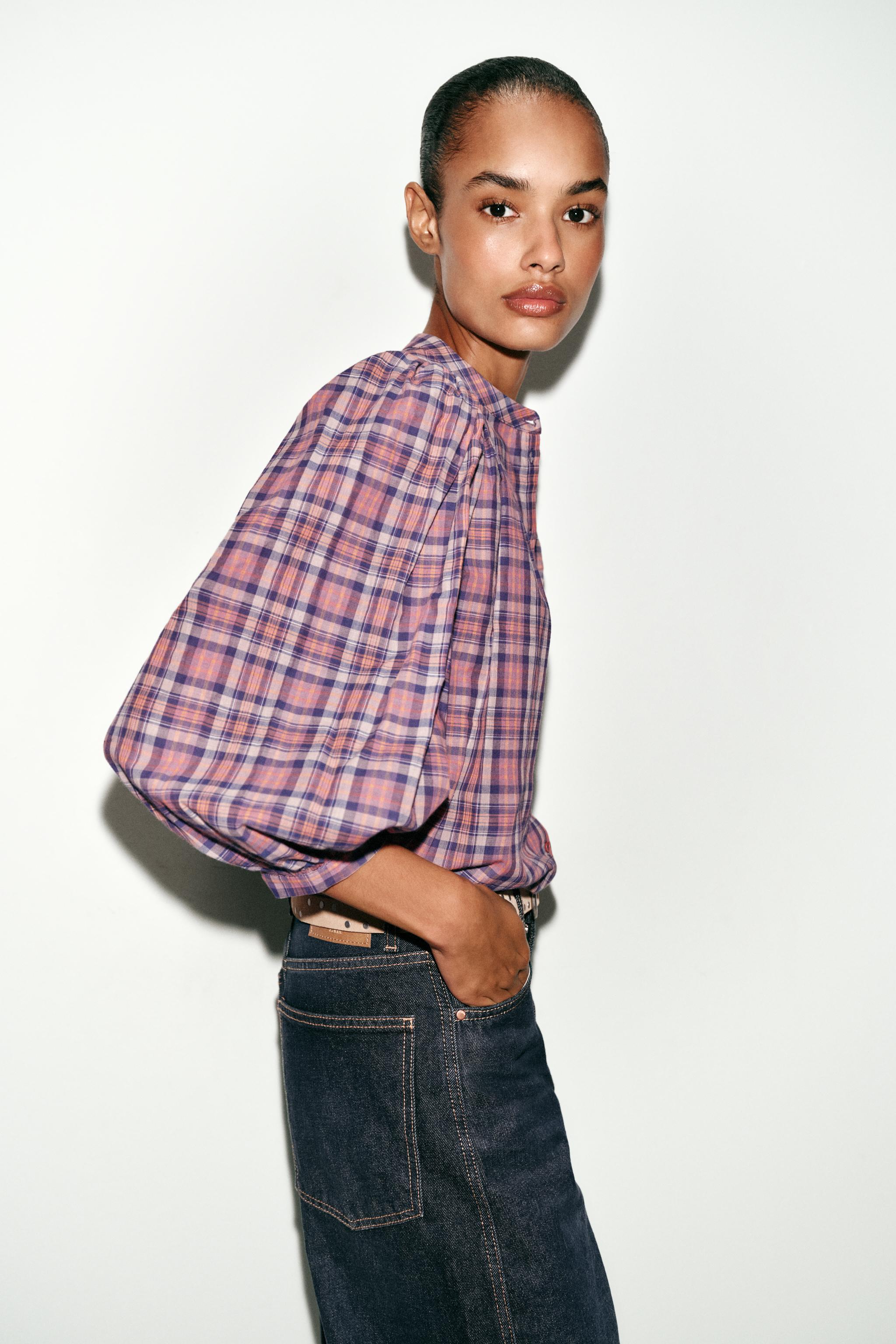PLAID ROUND NECK BLOUSE