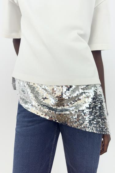 ASYMMETRIC SEQUIN T-SHIRT - Ecru by Zara