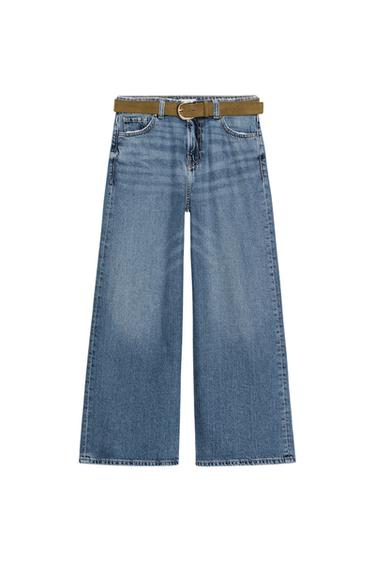 Zara Z.08 WIDE LEG CROPPED HIGH WAIST BELTED JEANS - Mid-blue