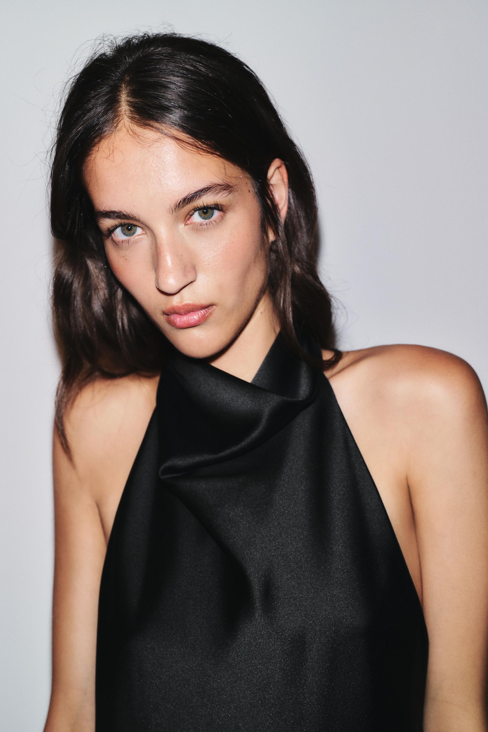 SATIN HALTER TOP — Black