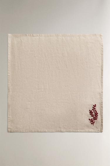 PACK OF LINEN CHRISTMAS NAPKINS WITH RED LEAVES (PACK OF 2) - Red by Zara - Image 1