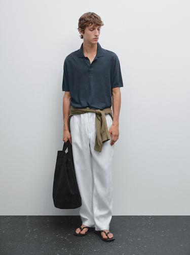 Zara Linen blend knit polo shirt - Navy blue - Image 0
