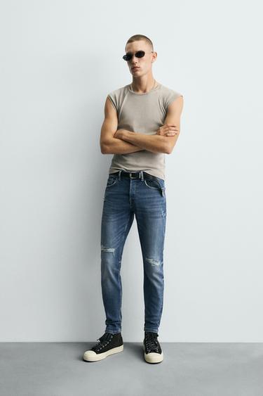 Zara RIPPED SKINNY FIT JEANS - Mid-blue