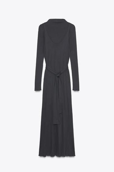 DOUBLE EFFECT DRESS WITH TIE BELT - Charcoal grey by Zara - Image 6
