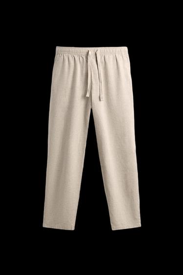 Zara RELAXED FIT COTTON - LINEN PANTS - Light beige
