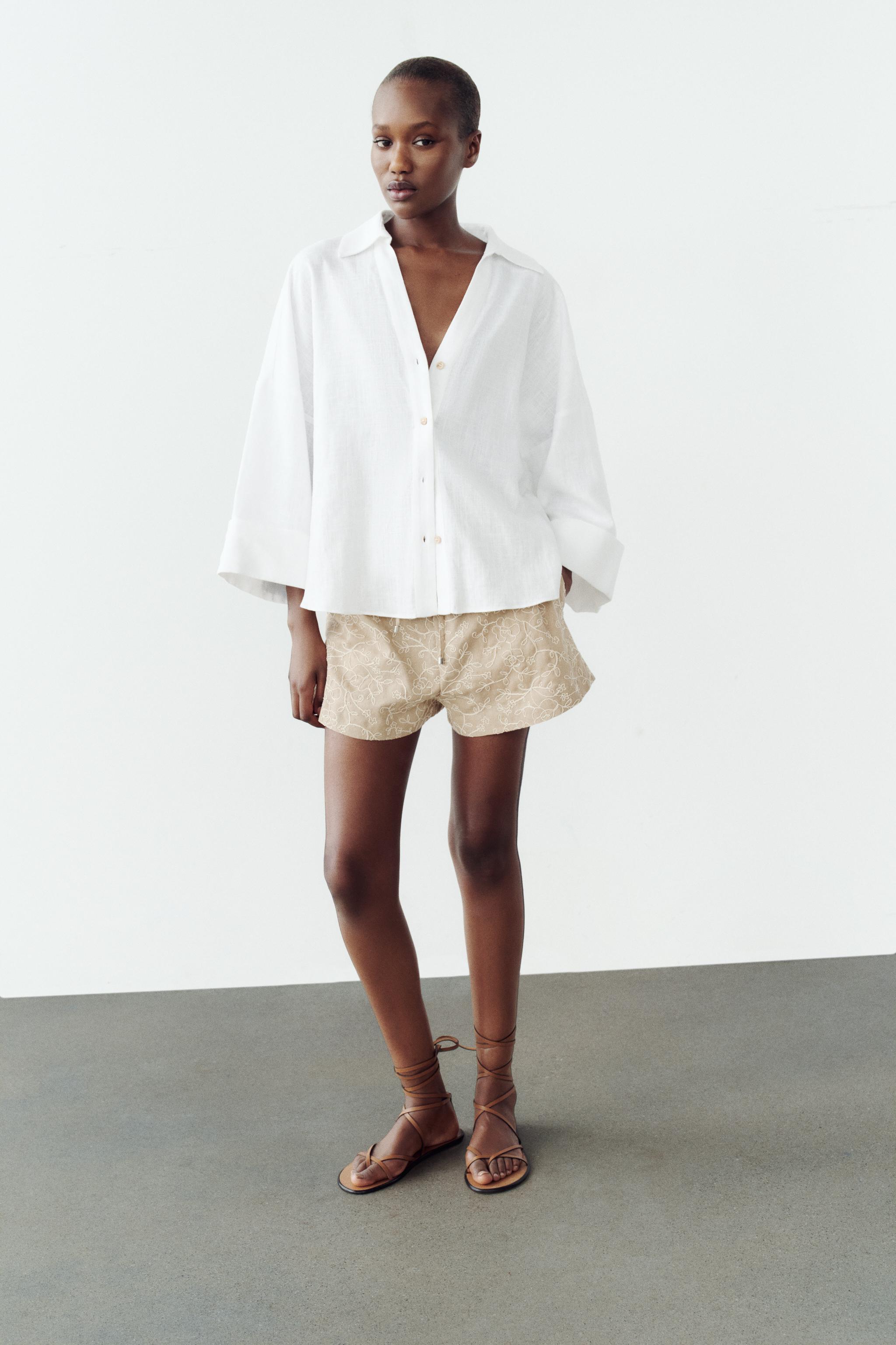 WIDE SLEEVE LINEN BLEND BLOUSE - White | ZARA United States