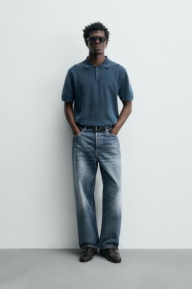 WASHED TEXTURED KNIT POLO SHIRT - Light indigo by Zara