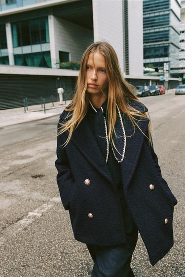 Zara DOUBLE-BREASTED BOUCLÉ COAT - Navy blue
