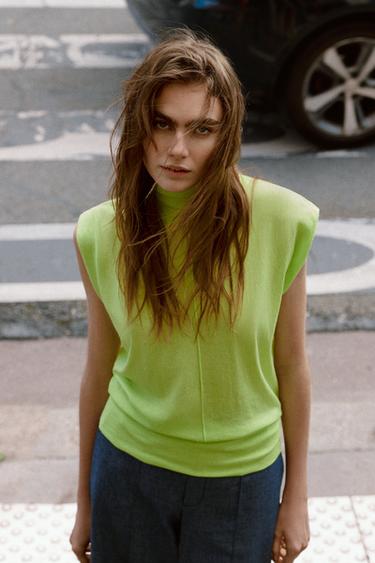 Zara FLUID KNIT HIGH COLLAR TOP - Lime green