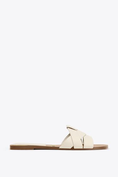Zara FLAT CROSSED LEATHER SANDALS - White