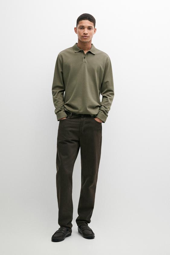 Zara 100% cotton micro-textured knit polo shirt - Green - Image 0