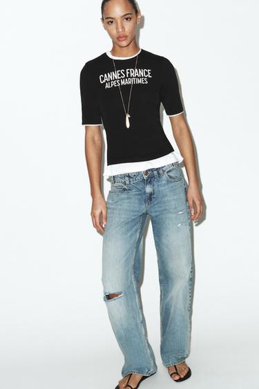 T-SHIRT À INSCRIPTION ET LISERÉS EN CONTRASTE - Noir de Zara