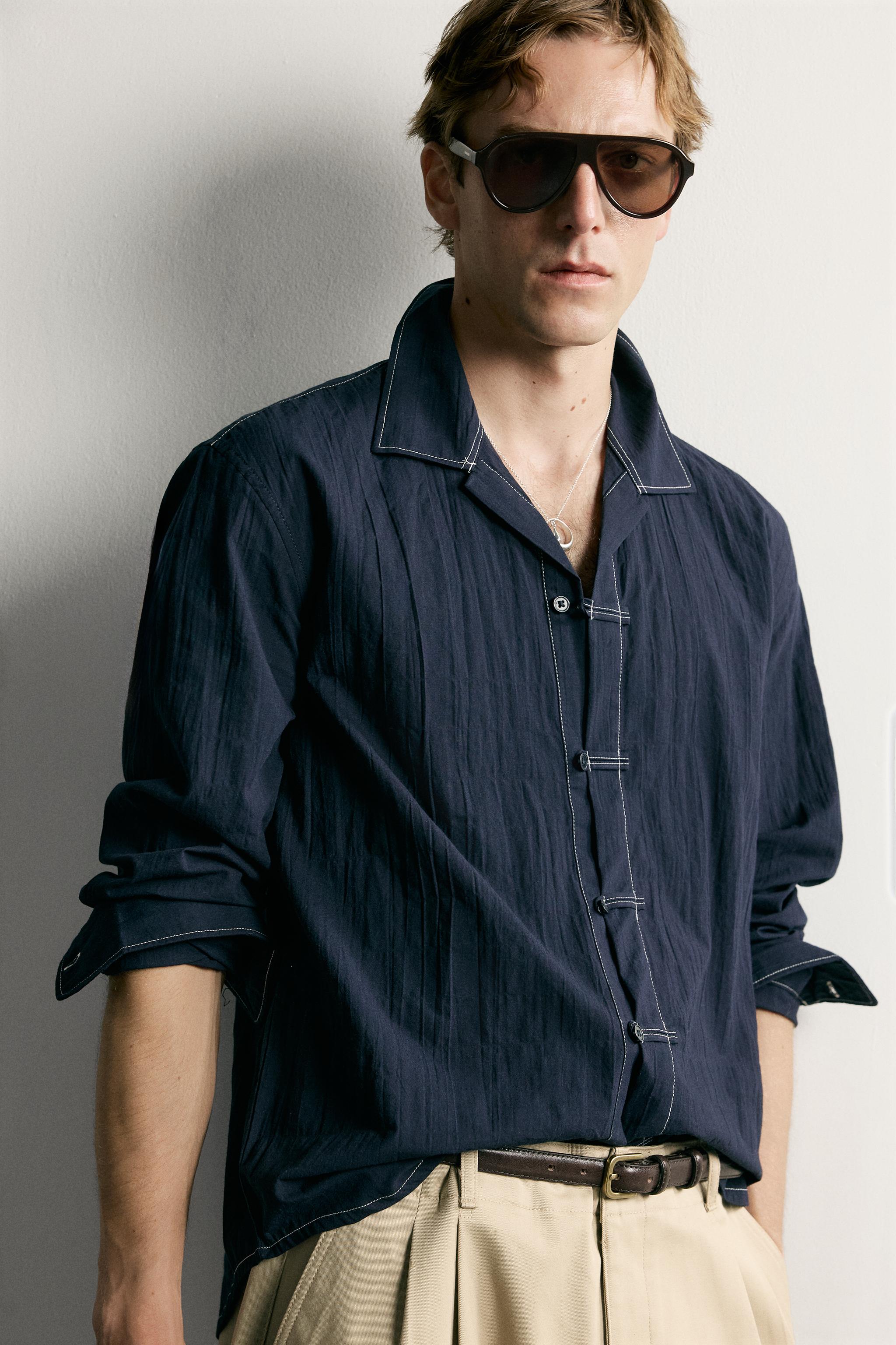 Мужские рубашки Zara TEXTURED RELAXED FIT SHIRT WITH FROG FASTENINGS — фото 6