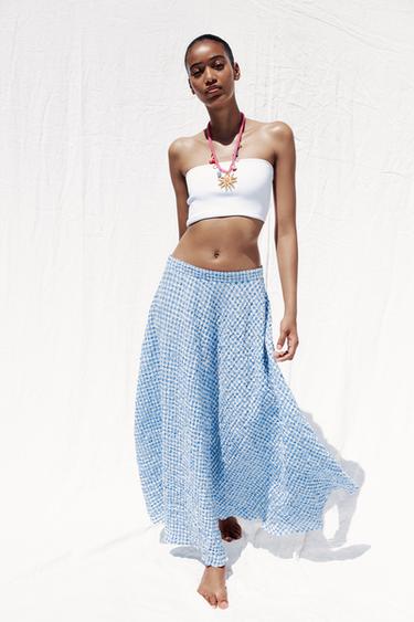 GINGHAM CHECK MIDI LAYERED SKIRT - Light blue by Zara