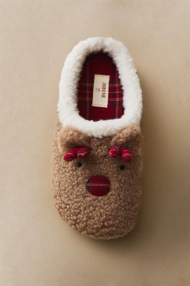 KIDS' REINDEER CHRISTMAS MULE SLIPPERS — Brown 1
