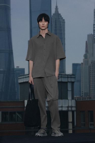 Zara 泡泡紗打褶長褲 - 炭灰色