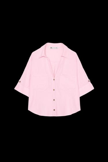 CROPPED LINEN BLEND SHIRT - Pink by Zara - Image 0