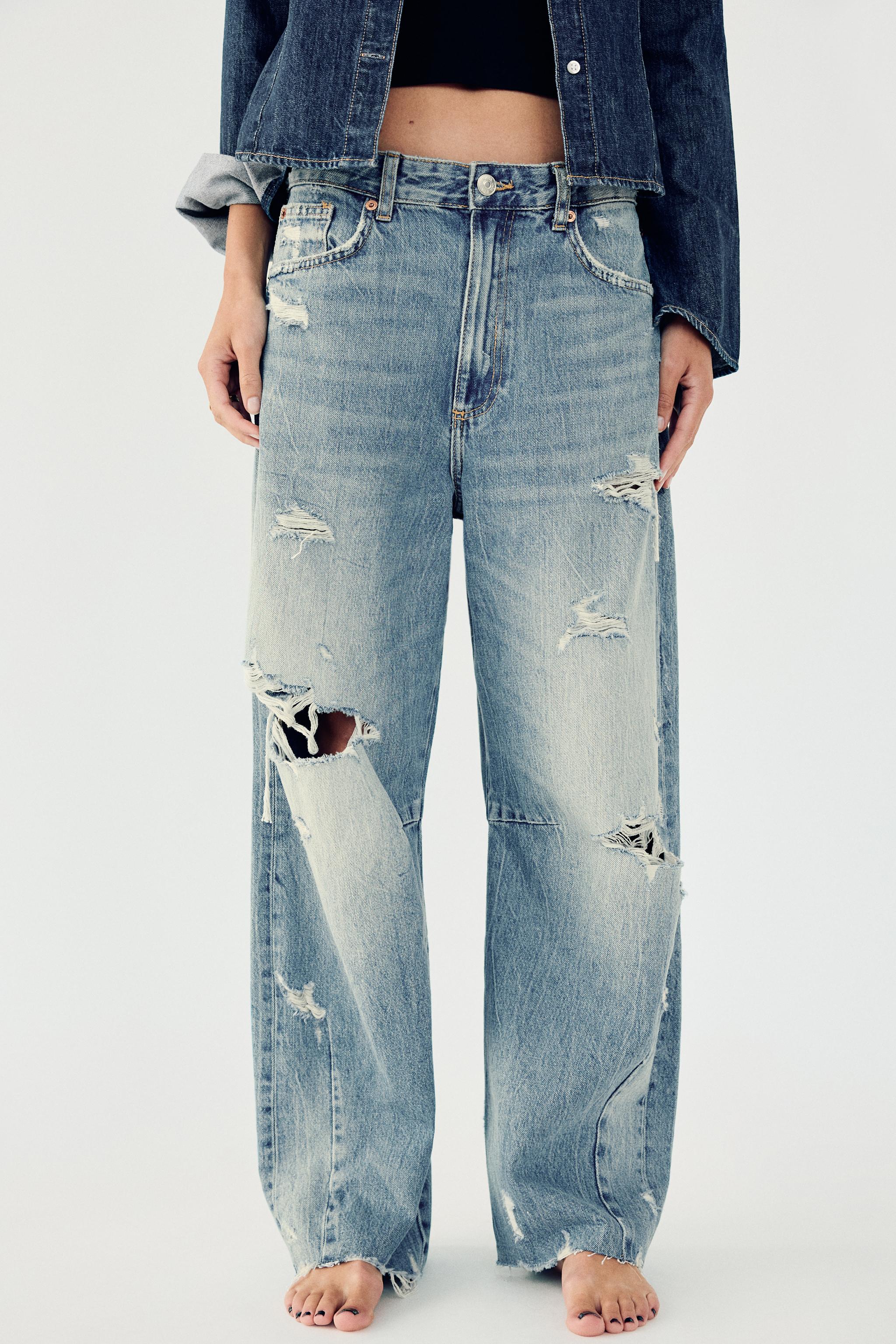 Zara Trf Mid Waist Baggy Ripped Balloon Jeans En Azul Mx 32 Us 10 Mujer