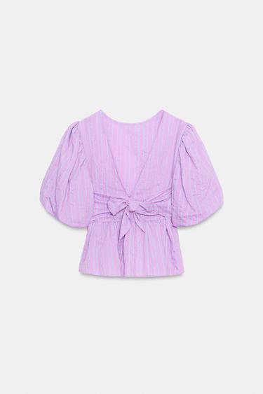 BLOUSE À RAYURES MANCHES BOUFFANTES ET NŒUD - Rose / Lilas de Zara - Image 5