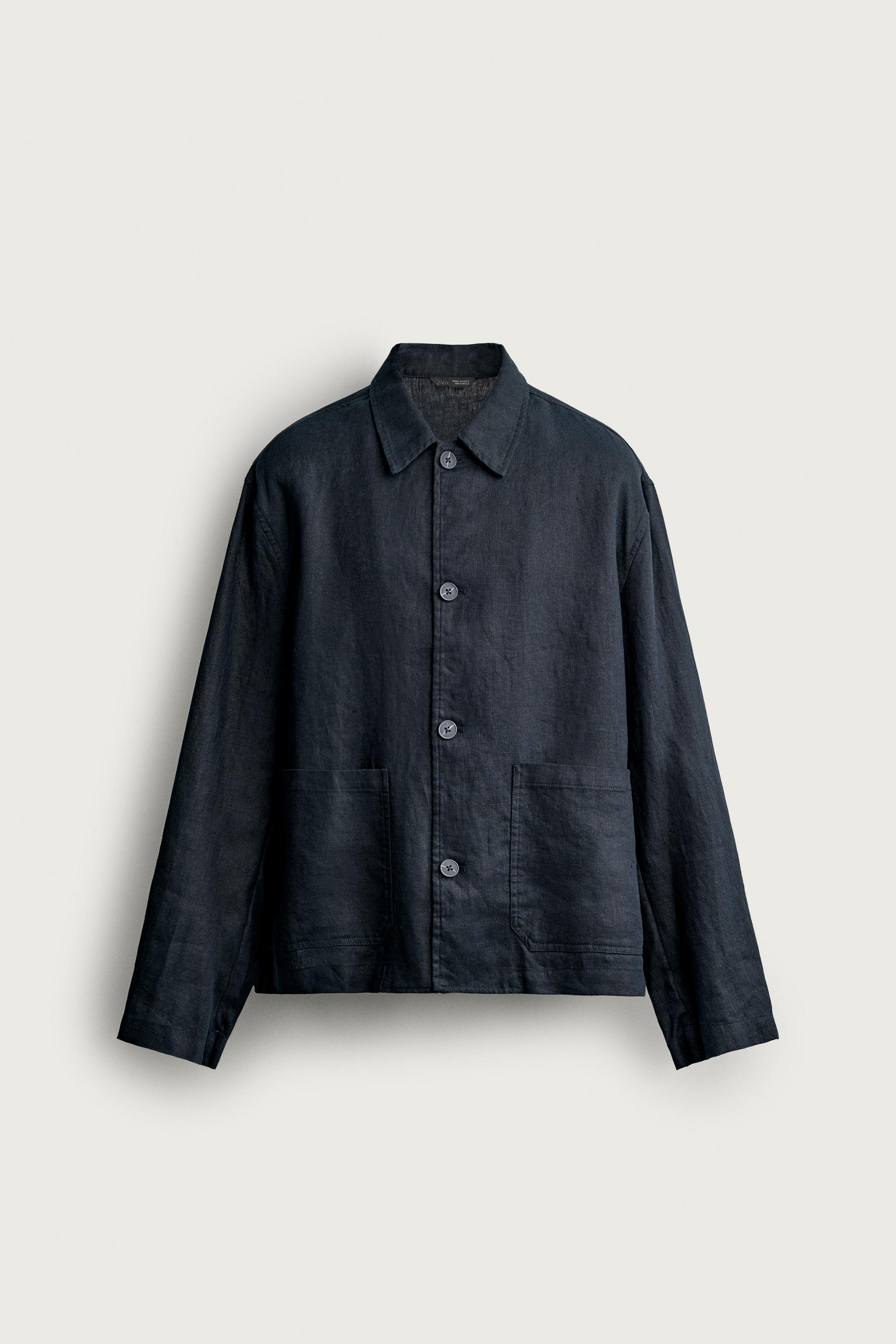 100% LINEN REGULAR FIT OVERSHIRT — Navy blue