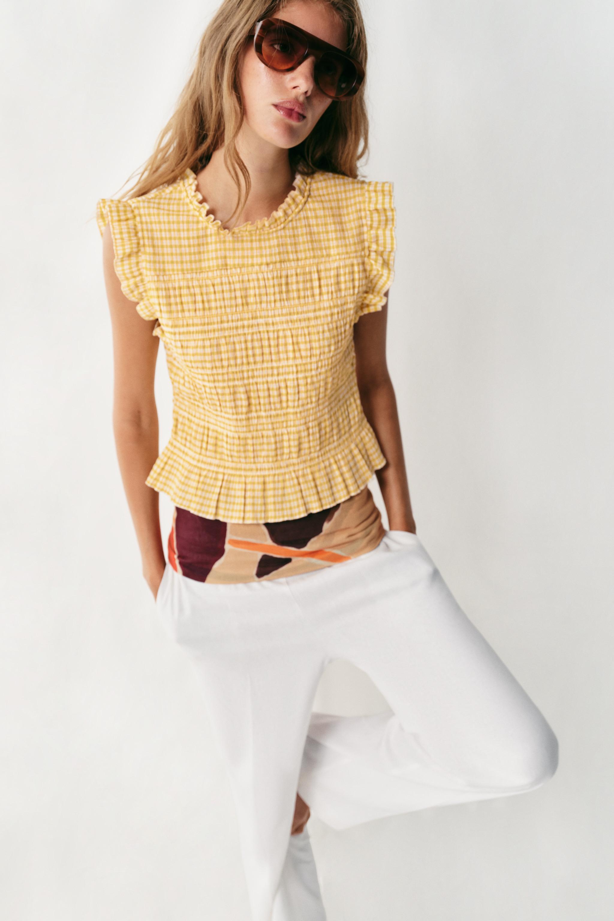 GINGHAM SMOCKED TOP — Ecru/Yellow