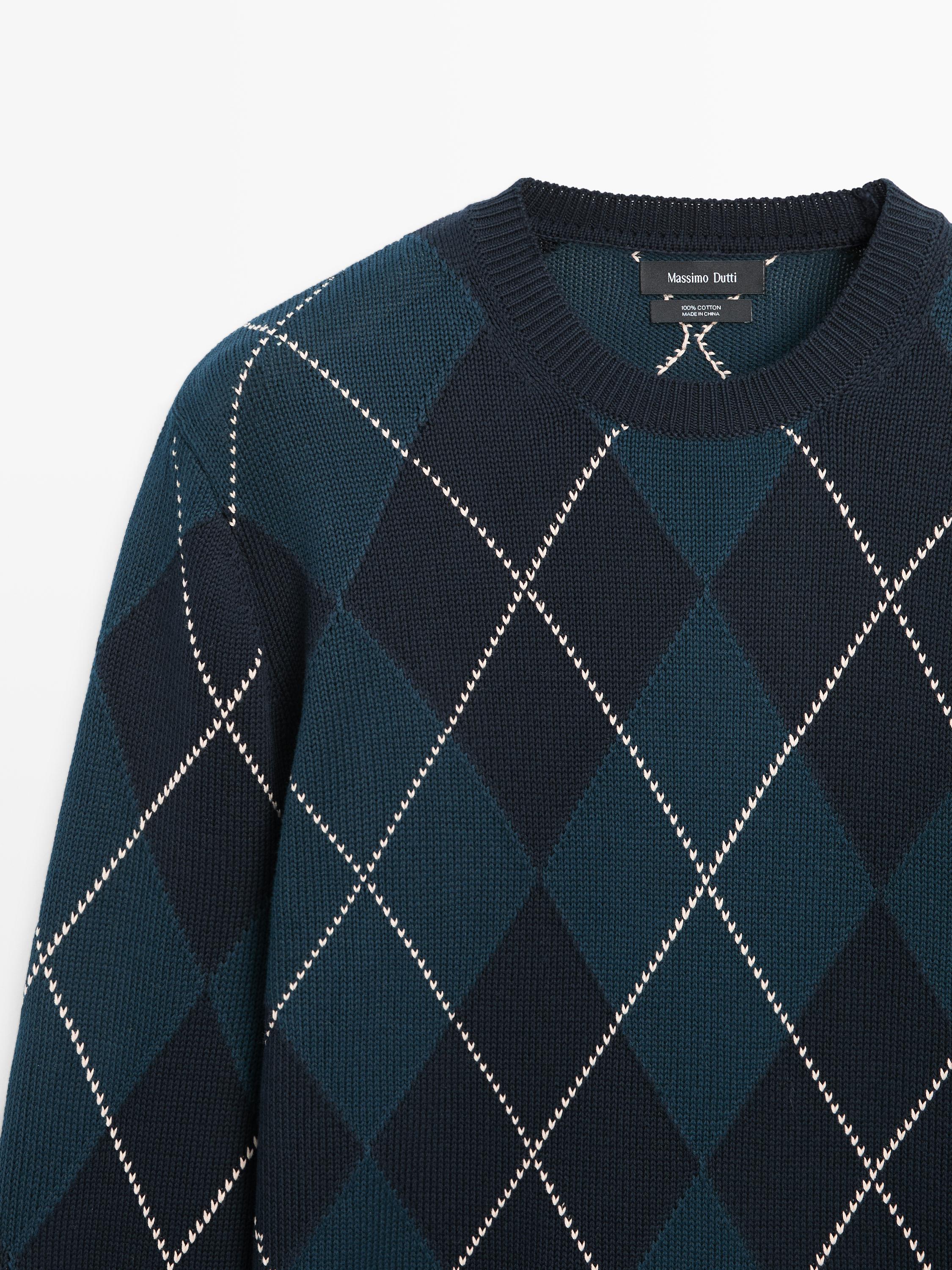 Cotton knit sweater with argyle detail