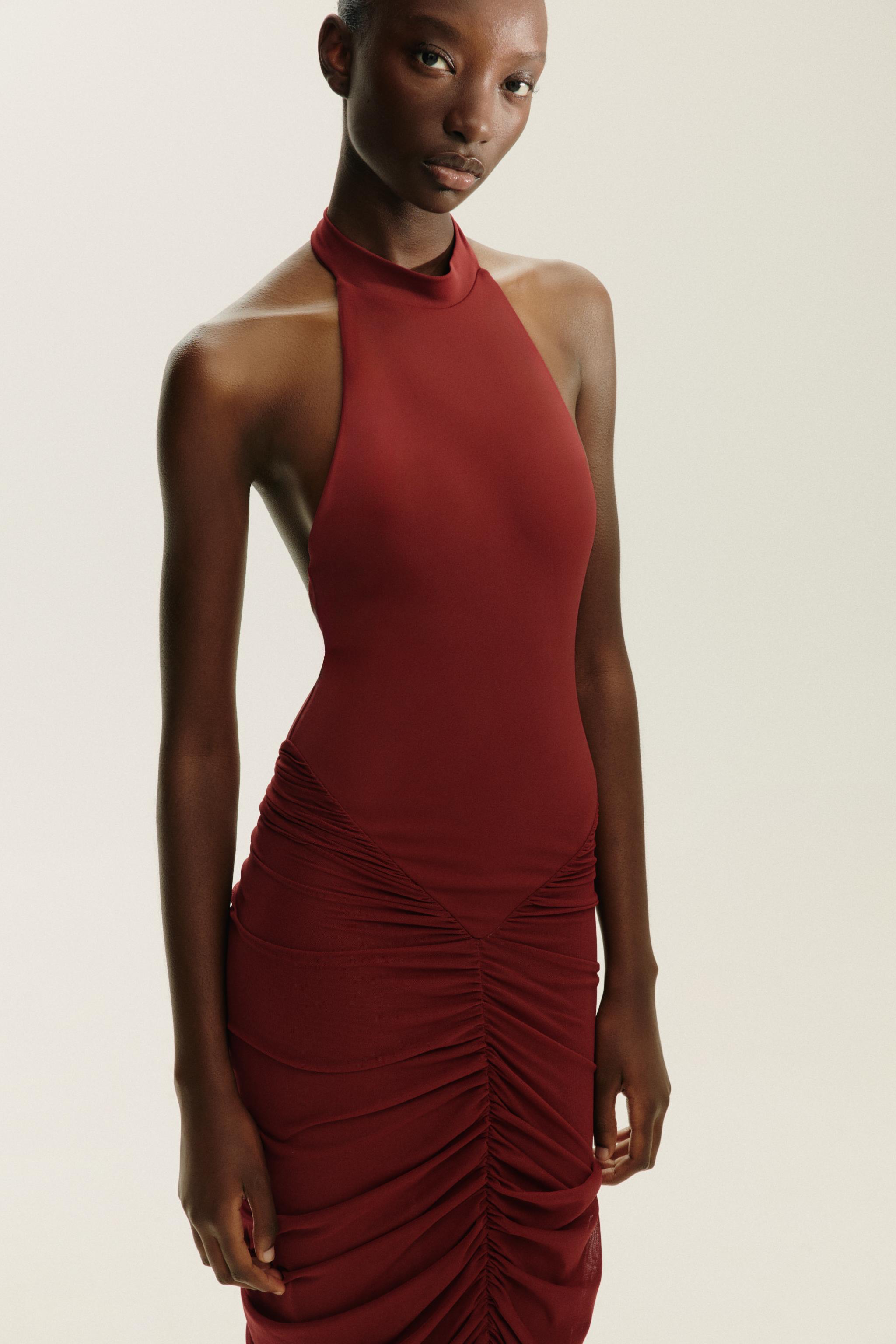 VESTIDO HALTER COMBINADO TUL Rojo oscuro ZARA Chile