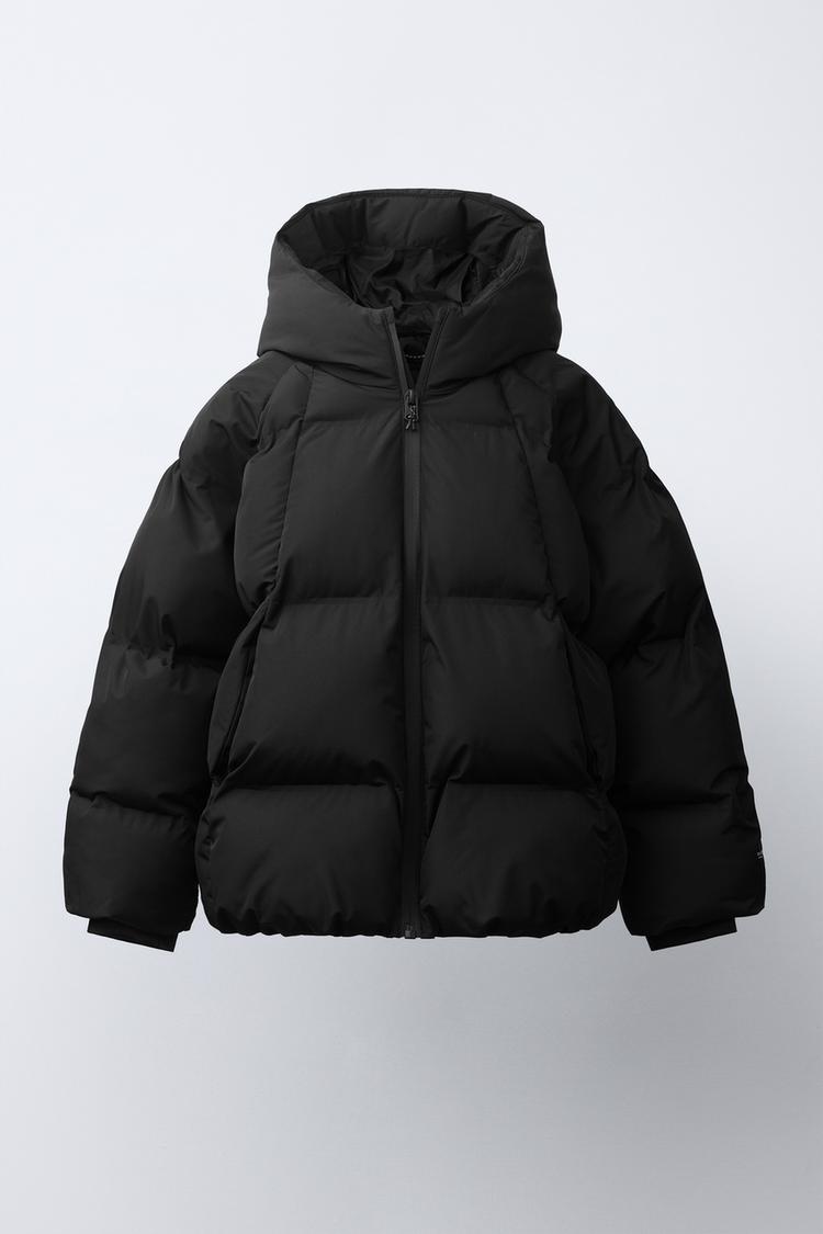 WATER REPELLENT PUFFER HOODIE JACKET — Black