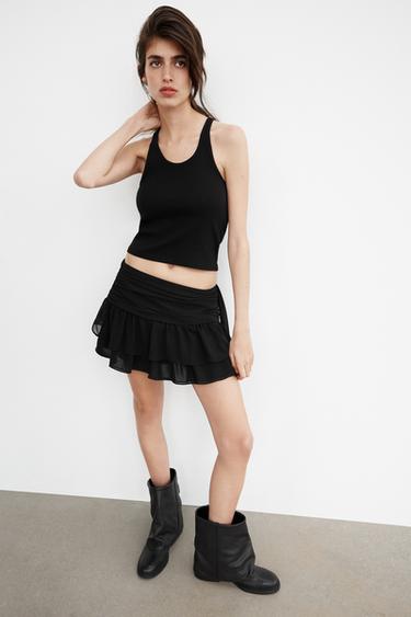 Zara RUFFLED GEORGETTE SKORT - Black