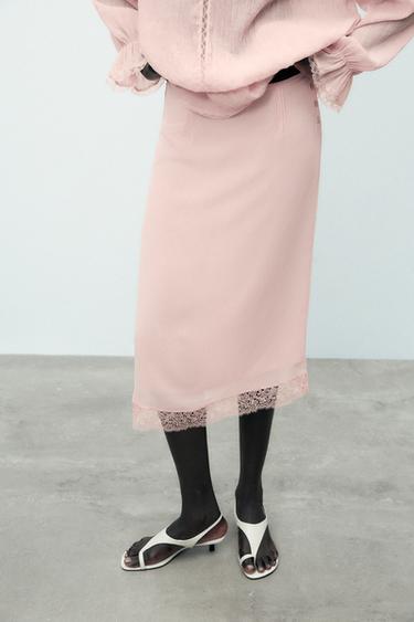JUPE MI-LONGUE DENTELLE - Rose de Zara - Image 2