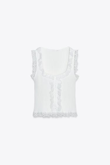 LACE BUTTON TOP - Oyster-white by Zara
