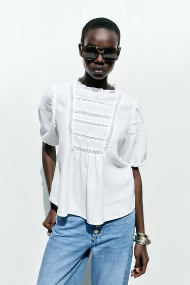 CAMISA CON RAMIO ENTREDOSES - Blanco de Zara