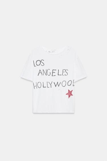 Zara RIPPED TEXT T-SHIRT - White