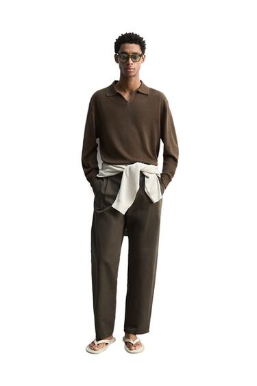 COTTON/HEMP KNIT POLO SHIRT - Black / Brown by Zara