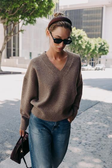 Zara SOFT V-NECK KNIT SWEATER - Mink marl