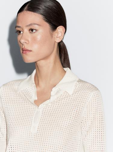 Zara Open knit sweater with polo collar - Ecru
