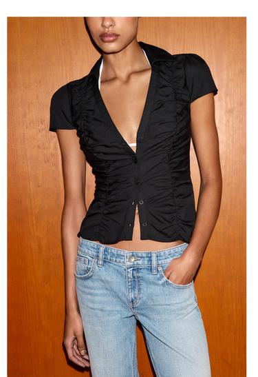 POPLIN TOP WITH GATHERING - Black by Zara