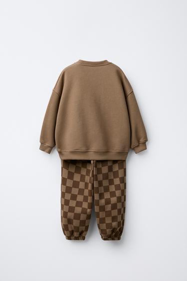 CHECKERBOARD SWEATSHIRT AND JOGGERS TRACKSUIT - Brown by Zara - Image 1