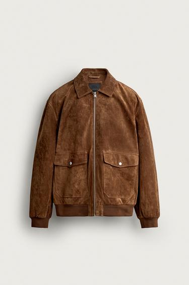 Zara SUEDE LEATHER JACKET WITH POCKETS - Brandy