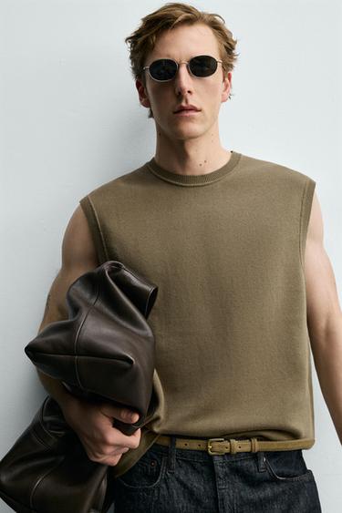 KNITTED TEXTURED VEST - Olive green by Zara - Image 4