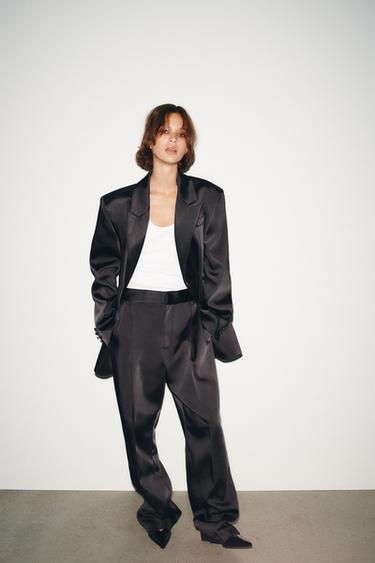 SATIN HIGH-WAIST PLEATED TROUSERS - Black by Zara