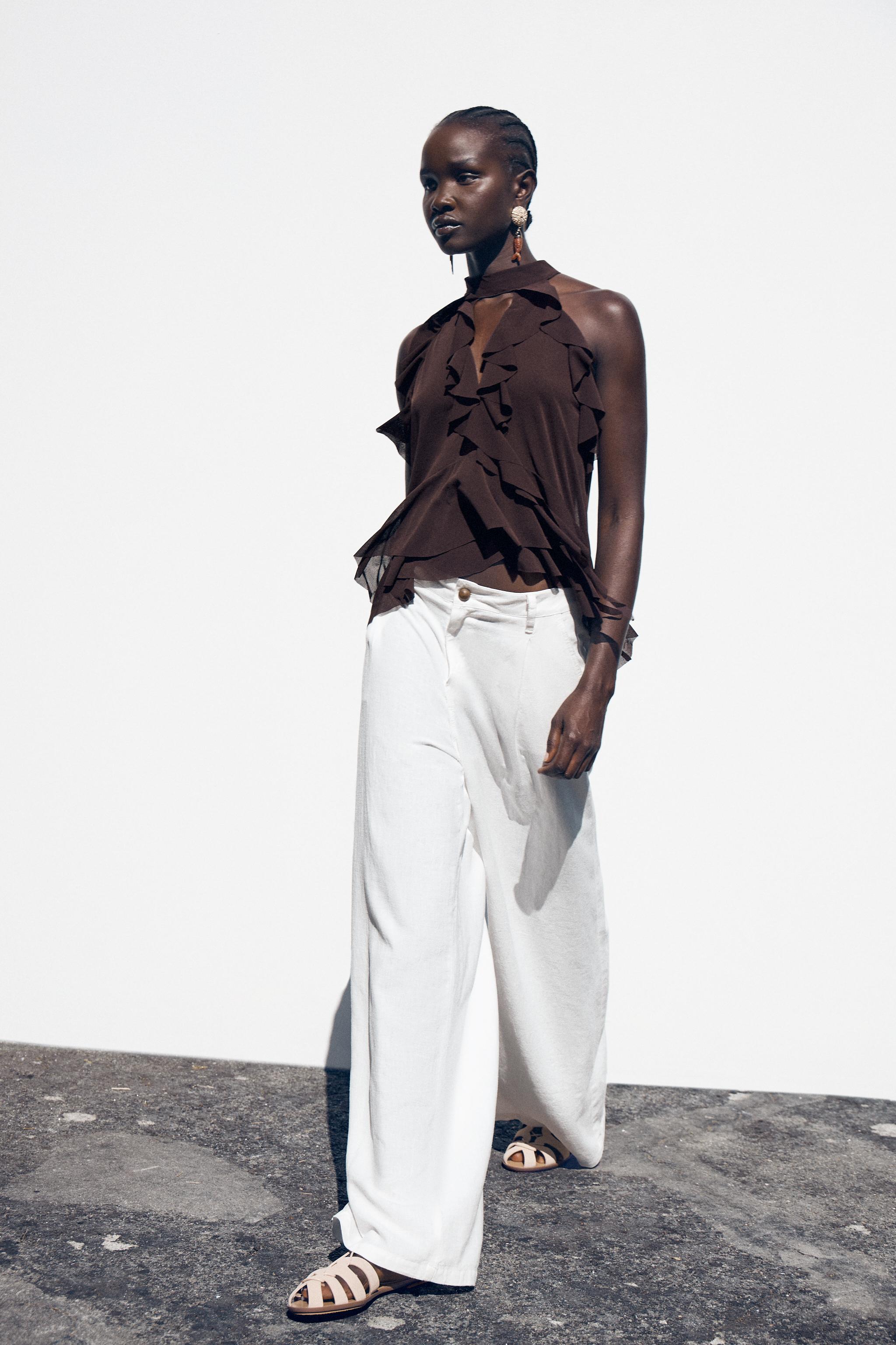 RUFFLED HALTER TOP - Dark brown | ZARA United States