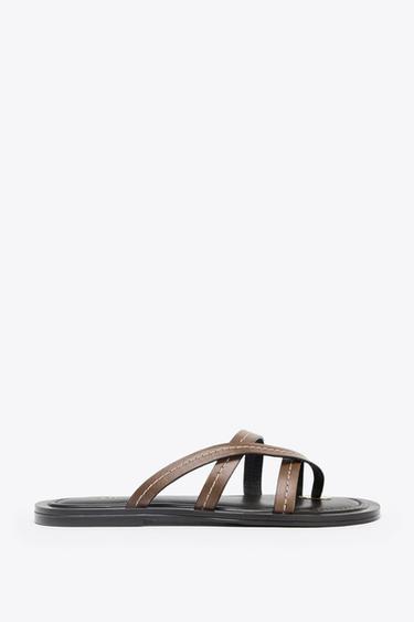 FLAT LEATHER STRAPPY SANDALS - Brown by Zara