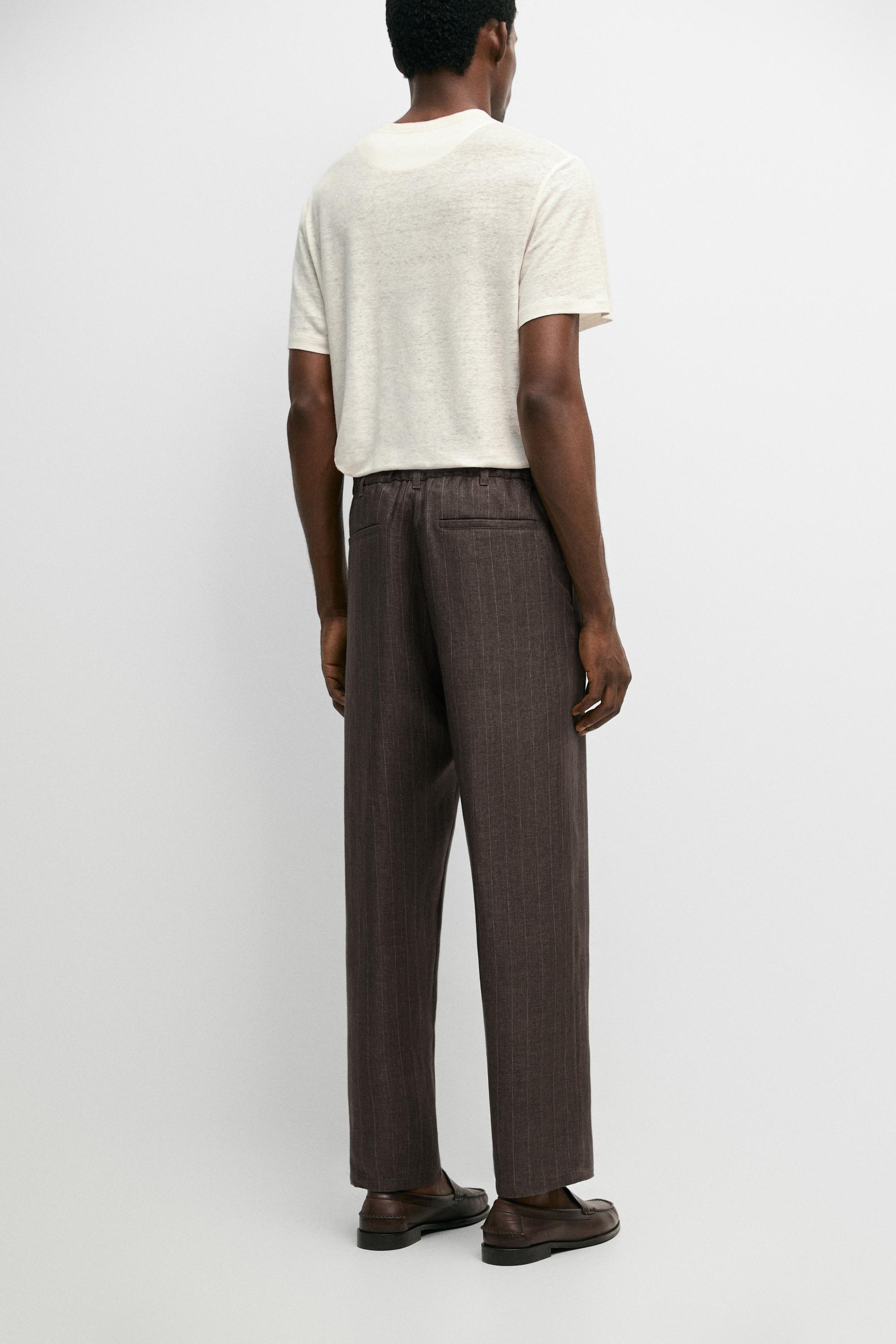100% linen striped straight-leg pants