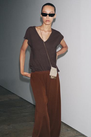 COTTON - LINEN BLEND T-SHIRT - Brown by Zara
