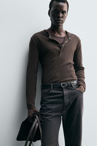 TEXTURED BUTTON-UP COLLAR T-SHIRT - Dark brown by Zara - Image 4