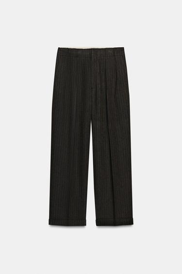Zara PANTALONE OD TKANINE RIBLJE KOSTI SA UŠICIMA ZW COLLECTION – laporno smeđa
